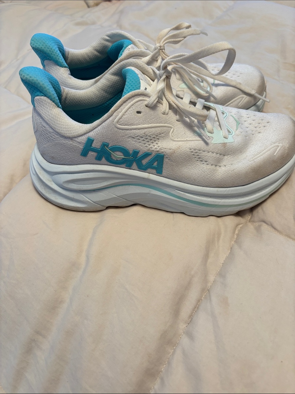Hoka Women's White and Teal Cushioned Running Sneakers